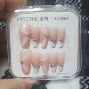 Pink Ombre Press-On Nails with White Swirl & Rhinestones